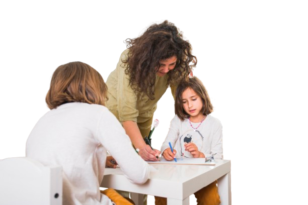 Parent helping two young girls with drawing exercises to build communication and motor skills